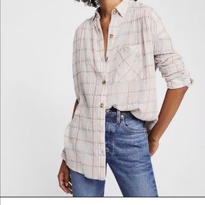 Free People Oversized Flannel with gold metallic stripes.
